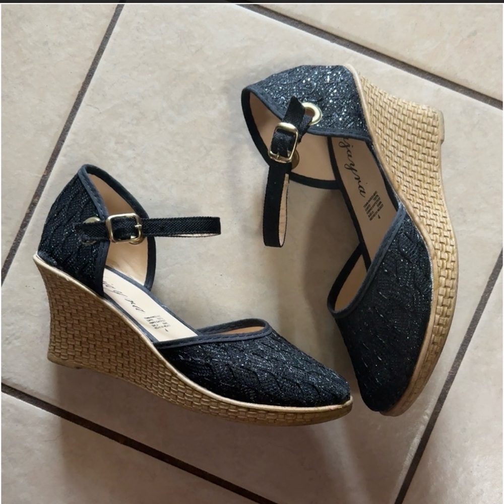 Women’s Black Wedge Espadrille Sandals with Ankle Strap